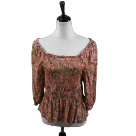 Nanette Lepore Tops - Nanette Lepore Rose/Green Floral Boho 3/4 Sleeve Blouse Size Large